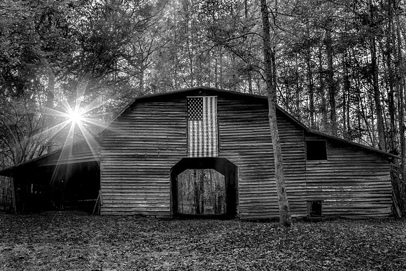 "Sunstars and Stripes on Rustic on Barn"  -  B&W