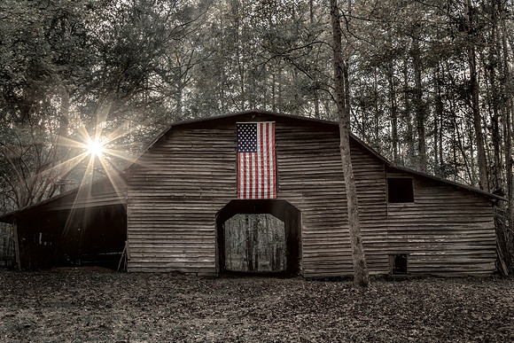 "Sunstars and Stripes on Rustic on Barn" with Flag-Pop